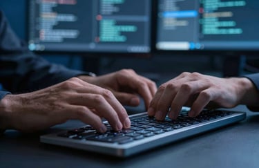 A close-up of hands typing on a modern keyboard in a dark blue lit workspace with blurred coding displays in the background, professional tech-forward mood.