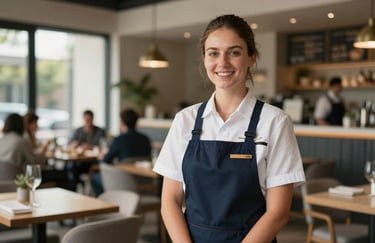 A photography shot of an Australian hospitality worker in a clean, professional uniform standing in a modern, sunlit restaurant setting.