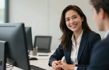 A close-up photograph of a friendly professional interaction in an Australian office, showing a clean desk and a warm, inviting atmosphere.