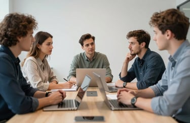 A collaborative team meeting in a modern conference room, featuring tech professionals discussing ideas around a table, with Eastern European / Tech design elements and soft natural light.