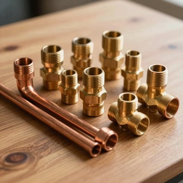 A collection of high-quality copper pipes and brass connectors arranged on a clean wooden table. The lighting is warm and professional, highlighting the quality of the materials used. Western European / French context.
