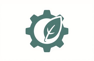 A minimalist and clean icon or abstract 3D shape representing a gear integrated with a leaf, symbolizing practical and organic growth, rendered in #456E5E on a light background.