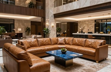 A luxury residential lobby in a premium Gurgaon apartment complex featuring tan leather seating and slate blue accents. The atmosphere is quiet, sophisticated, and reflects high-end South Asian / Indian urban living.