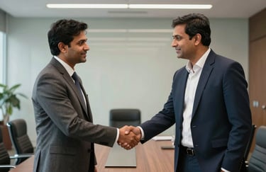 A professional South Asian / Indian individual in smart business attire shaking hands in a sleek, modern conference room in Gurgaon, representing a successful real estate closing.