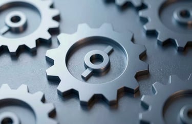 Modern industrial quality seal icon on a metallic plate, surrounded by technical gears. Polished finish, #2C3E50 blue tones.