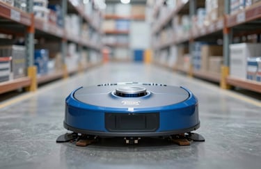 State-of-the-art floor cleaning robot in a warehouse aisle. Symmetrical composition with blue and grey tones.
