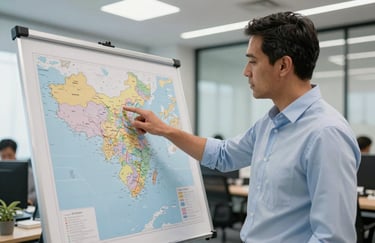 A professional logistics manager in a modern office in Mexico City, pointing at a map showing trade routes between China and Latin America, daylight, professional setting.