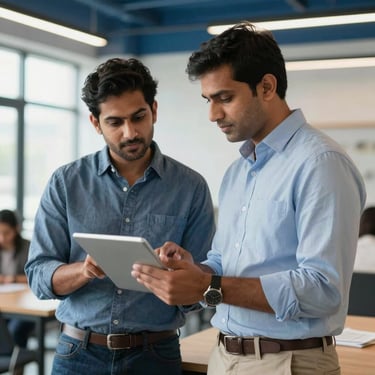 Two South Asian / Indian business professionals in casual corporate attire collaborating over a tablet in a bright, modern sky blue and white coworking space.