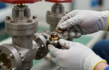 A close-up shot of hands in protective gloves performing maintenance on a complex valve system, symbolizing after-sales service and expertise.