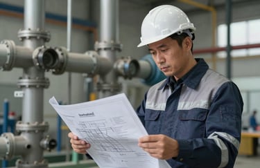 A photograph of an engineer in professional attire examining a technical blueprint for a water distribution network, International / Professional setting.
