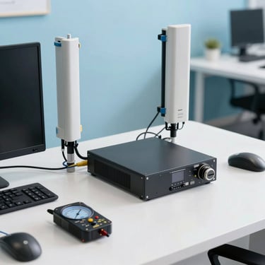 Professional setup of telecommunications hardware and measurement tools on a clean white desk, South American office setting, bright and innovative atmosphere with light blue accents.