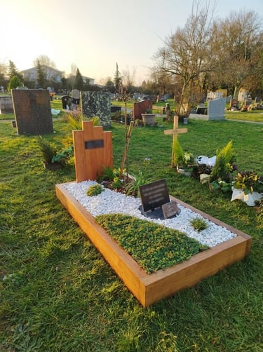 tombe végétale en bois avec stèle en bois, sedum et galets blancs