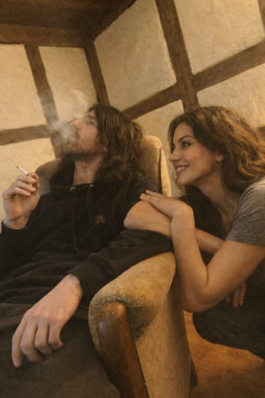 Trash Swallow and Vera Solina of PreSexHeadache relaxing together in a warm cinematic indoor scene