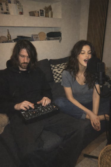 Trash Swallow and Vera Solina of PreSexHeadache recording vocals in an intimate home studio setting