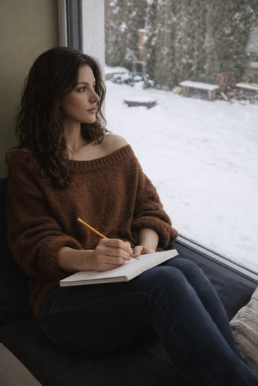 Vera Solina of PreSexHeadache writing in a notebook by a snowy window in a quiet cinematic portrait