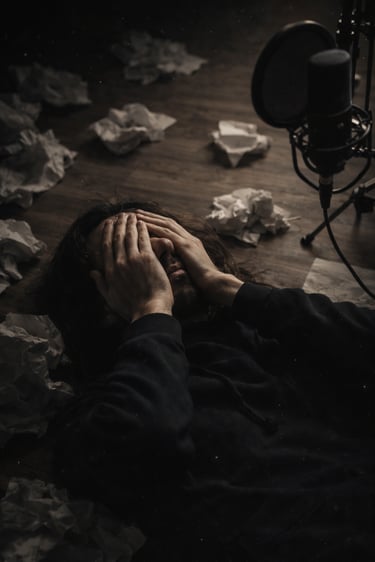 Studio artwork showing a person on the floor surrounded by crumpled paper near a microphone