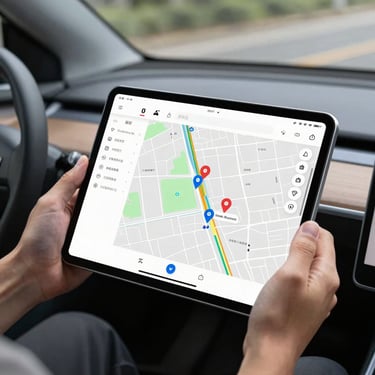 A professional tablet screen displaying a clean GPS map interface with tracking icons, held by a driver in a modern vehicle interior.
