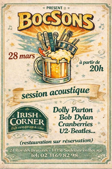 Vintage poster for Bocsons acoustic session at Irish Corner pub featuring guitars and beer.