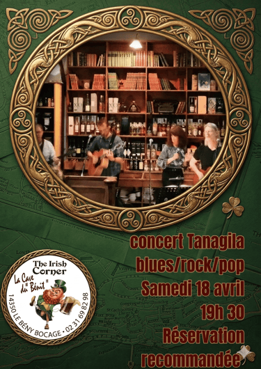 Live band Tanagila performing at The Irish Corner pub with Celtic border and event details.