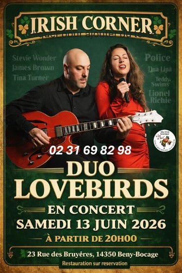 Duo Lovebirds concert poster for Irish Corner featuring a male guitarist and female singer in Beny-Bocage.