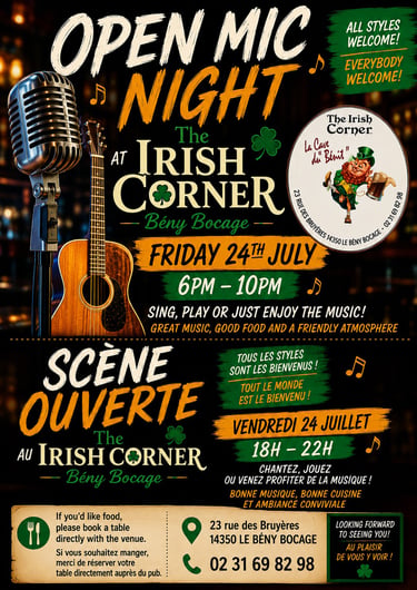 Open Mic Night event poster for The Irish Corner in Beny Bocage featuring a vintage microphone and acoustic guitar.