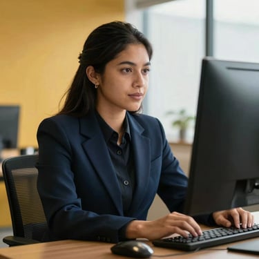 A confident South American / Brazilian professional looking at a monitor in a modern office, dark blue and golden yellow accents.