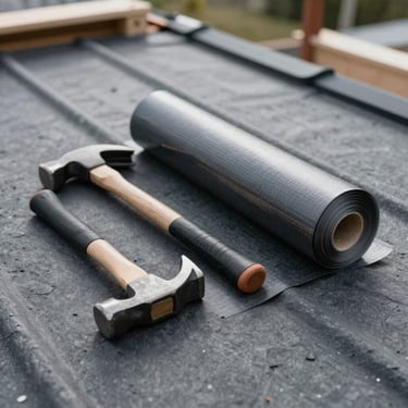 Still life photography of professional roofing tools, including a hammer and rolls of weatherproofing membrane, laid out on a clean North American construction site. Modern efficiency style with charcoal gray and slate tones.