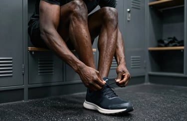 Athlete tying shoelaces in a modern locker room, preparing for a high-performance workout, moody dark grey and black palette, West African / Nigerian setting.