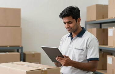 A logistics professional in a South Asian setting using a tablet to track shipments inside a bright, clean distribution center with off-white walls.