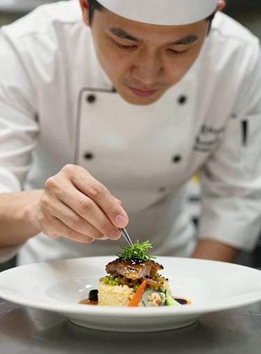 Close-up of a chef in a clean uniform carefully garnishing a dish, representing quality control.