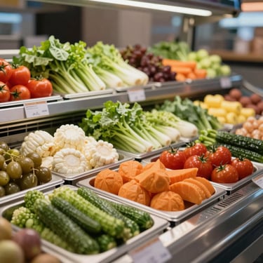 A modern salad bar with fresh, colorful ingredients arranged in an organized and hygienic manner.