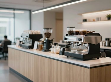 A coffee and refreshment station with modern equipment in a professional office environment.