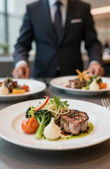 A professionally plated gourmet meal featuring fresh vegetables and proteins in a modern corporate setting.