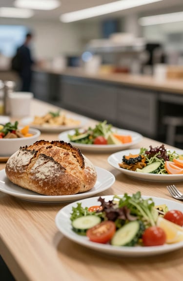 Detailed shot of fresh artisan bread and healthy side dishes served in a corporate cafeteria.