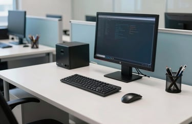 A tidy and professional desk setup in a South American / Brazilian financial office, highlighting a clean workstation and sky blue details.