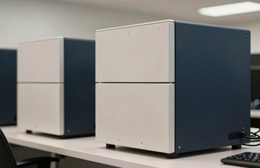 A symbolic photograph of a secure digital workstation in a professional South American / Brazilian firm, with soft off-white and dark navy blue lighting.