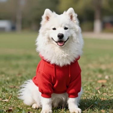 Un perro samoyedo blanco y esponjoso lleva una sudadera roja con capucha y está sentado en un campo