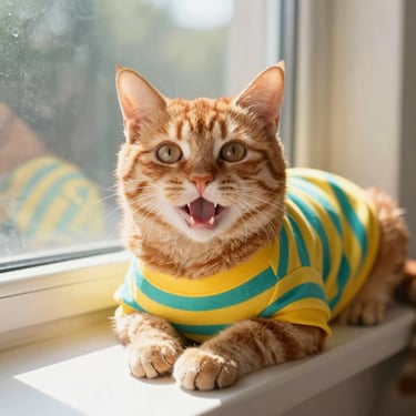 Un gato atigrado naranja con una camisa de rayas amarillas y azules  sentado junto a una ventana