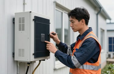 A professional solar technician in safety attire carefully inspecting a modern inverter unit on the side of a clean building.