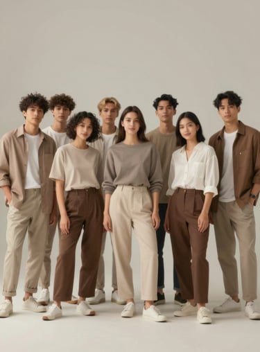 Full-body shot of a group of friends showcasing diverse everyday styles from the collection, palette focused on #C7B5A0 and #2C2C2B.