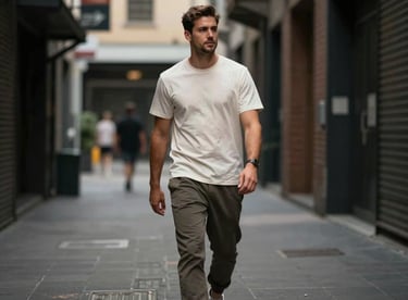 A stylish man walking through a Melbourne laneway wearing urban joggers and a crisp off-white tee, high-contrast lighting.