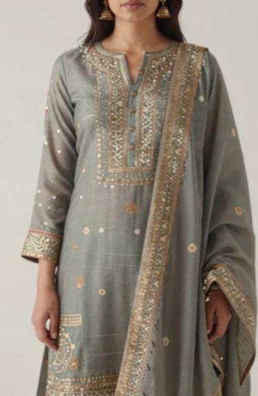 Detail shot of a women's co-ord set showing intricate fabric patterns inspired by Indian culture on a modern silhouette.
