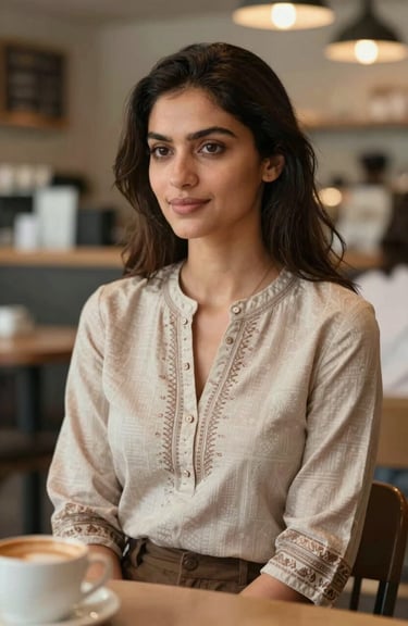 Editorial shot of a woman in a Melbourne cafe wearing an Urban Indica fusion top with subtle Indian motifs, earth tones of #C7B5A0 and #F5F2EF.