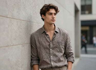 Medium shot of a model in a linen shirt (#7A6F62) leaning against a clean urban backdrop, reflecting a relaxed Melbourne lifestyle.