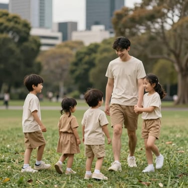 A playful family shot in a Melbourne park, children wearing comfortable cotton outfits in soft #C7B5A0 tan tones.