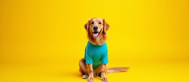 Un perro Golden Retriever feliz sentado y con una camiseta de color verde azulado.
