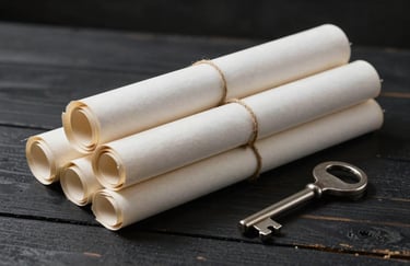 A stack of old mist white scrolls resting on a charcoal black wooden desk next to a silver grey iron key.