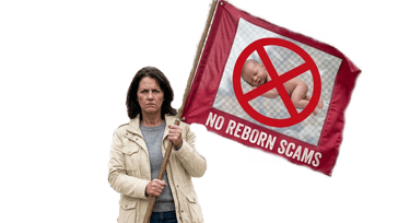 mad woman holding red flag that says no reborn scams
