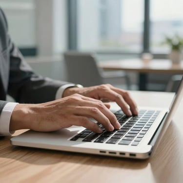 A close-up of a person's hands using a laptop in a bright, modern corporate lounge in a North American city, conveying high-tech financial management.
