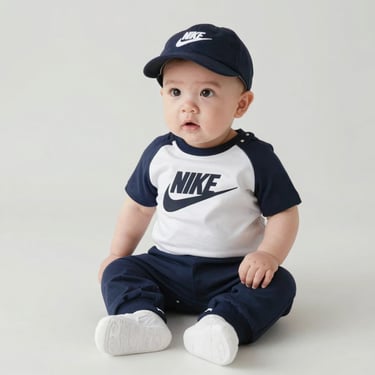 Elegant baby hat with rounded edges in soft white fabric, placed on a smooth beige surface